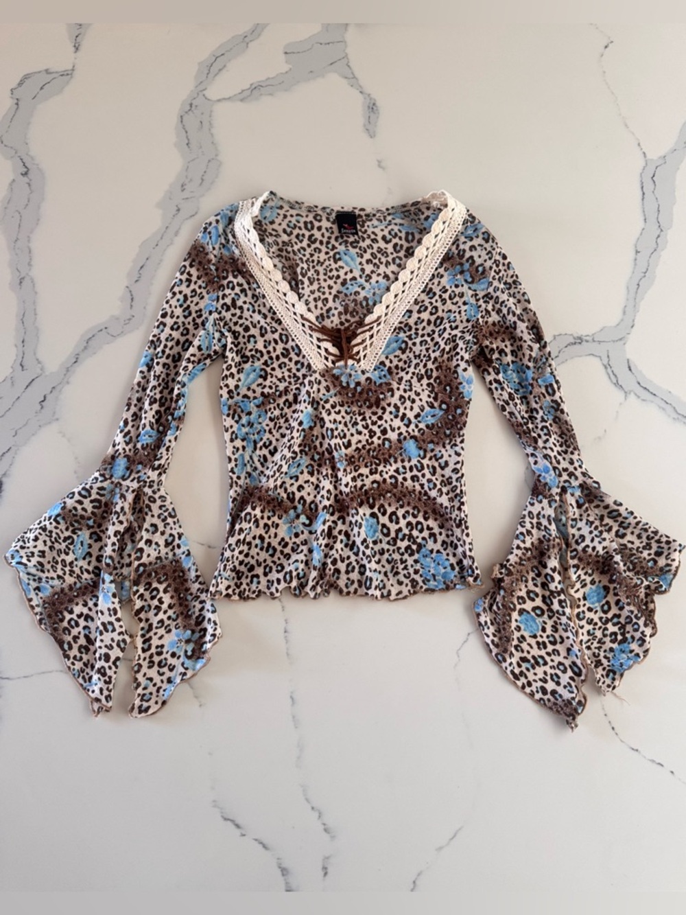 Vintage Y2K Leopard Floral Lace Up Bell Sleeve Blouse